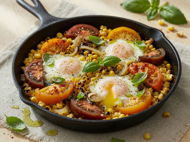 Charred Corn & Heirloom Tomato Breakfast Skillet with Soft Eggs