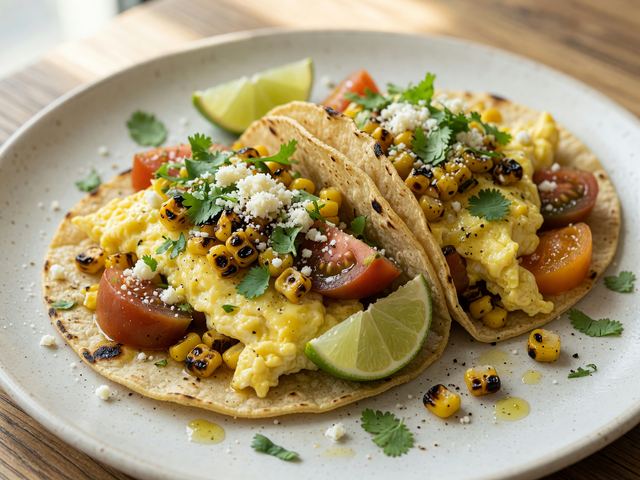 Charred Corn & Heirloom Tomato Breakfast Tacos with Soft Scramble