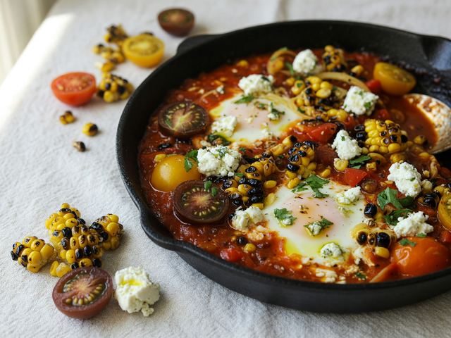 Charred Corn & Heirloom Tomato Shakshuka with Feta