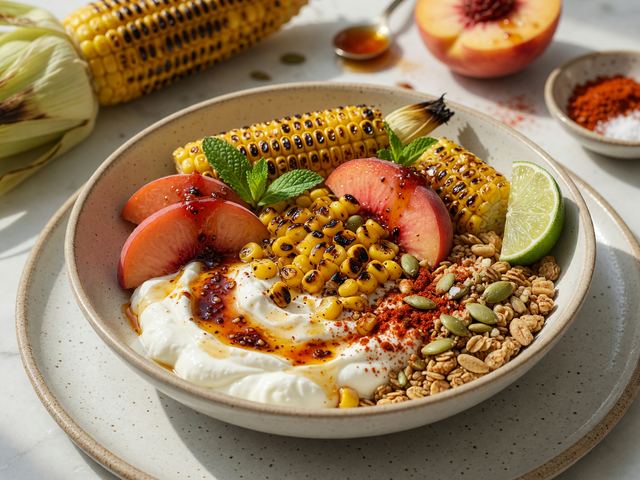 Charred Corn & Peach Breakfast Bowls with Greek Yogurt and Hot-Honey Crunch