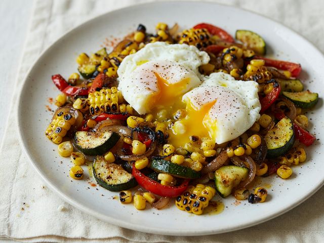 Charred Corn & Zucchini Breakfast Hash with Soft Eggs