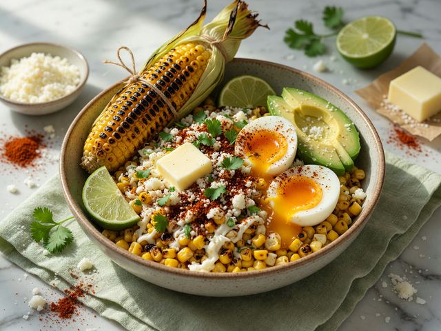 Charred Sweet-Corn Elote Breakfast Bowls with Jammy Eggs