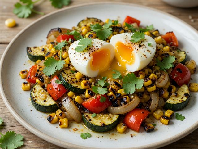 Charred Sweet Corn Zucchini Breakfast Hash with Jammy Eggs