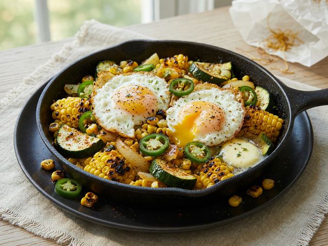 Charred Sweet Corn & Zucchini Breakfast Skillet with Sunny Eggs