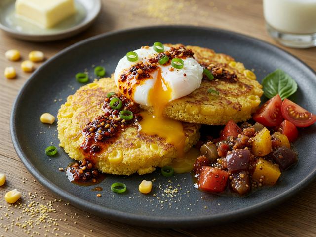 Chili-Crisp Cornmeal Griddle Cakes with Soft Eggs & Tomato Jam