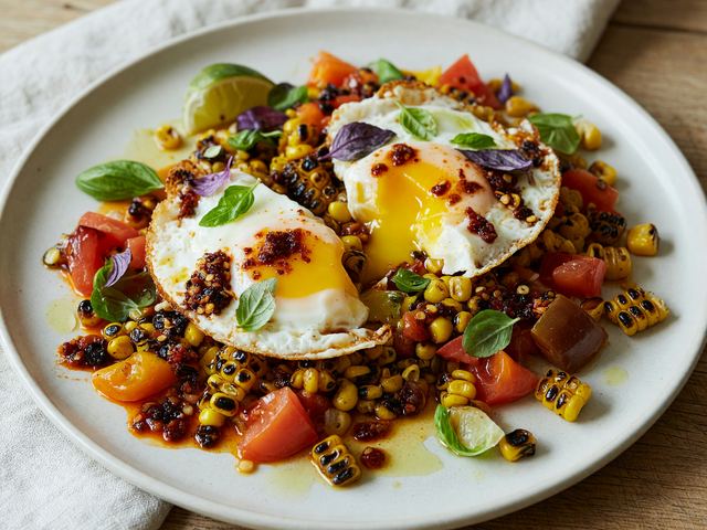 Chili-Crisp Eggs with Charred Corn & Heirloom Tomato Relish