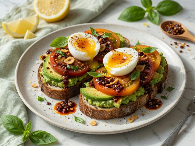 Chili-Crisp Heirloom Tomato Avocado Toast with Soft Eggs
