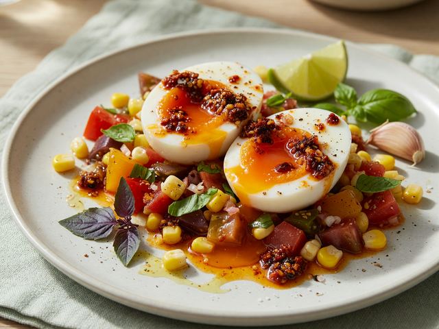Chili-Crisp Jammy Eggs with Heirloom Tomato-Corn Relish