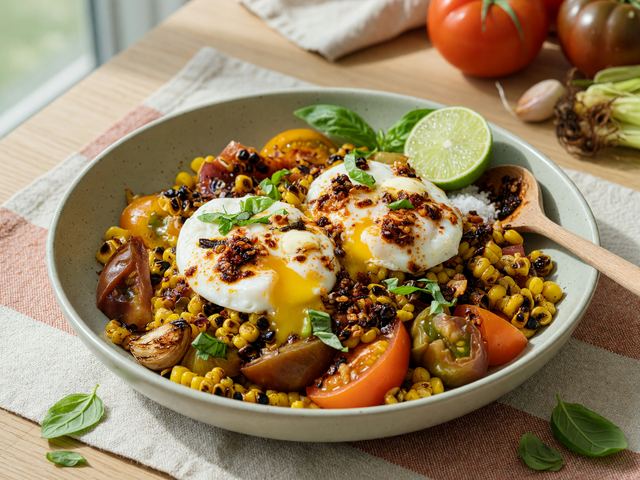 Chili-Crisp Soft Eggs over Charred Corn & Heirloom Tomato Bowls