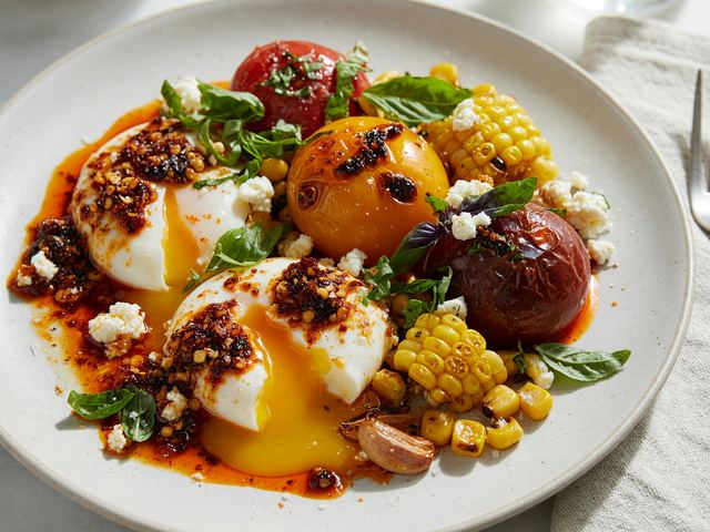 Chili-Crisp Soft Eggs with Blistered Heirloom Tomatoes & Sweet Corn