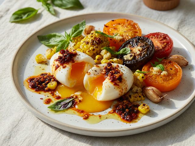 Chili-Crisp Soft Eggs with Blistered Heirloom Tomatoes & Sweet Corn