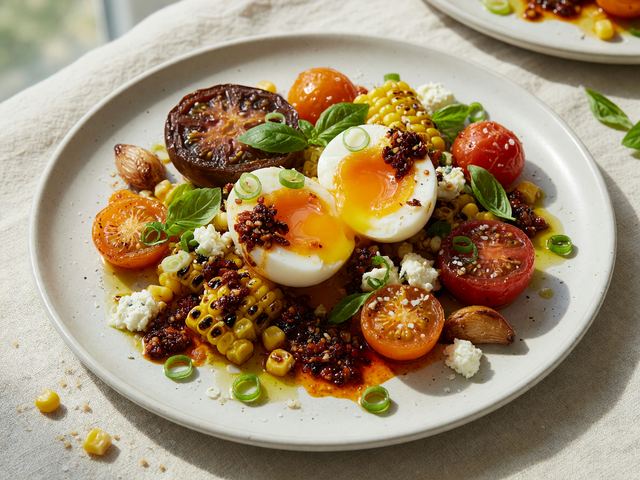 Chili-Crisp Soft Eggs with Blistered Heirloom Tomatoes & Corn