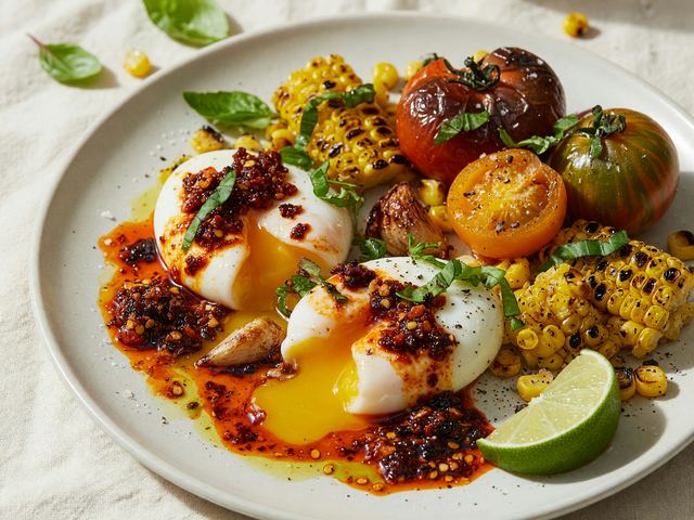 Chili-Crisp Soft Eggs with Blistered Heirloom Tomatoes & Charred Corn