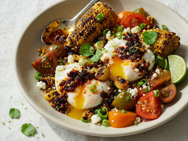 Chili-Crisp Soft Eggs with Charred Corn & Heirloom Tomato Bowl