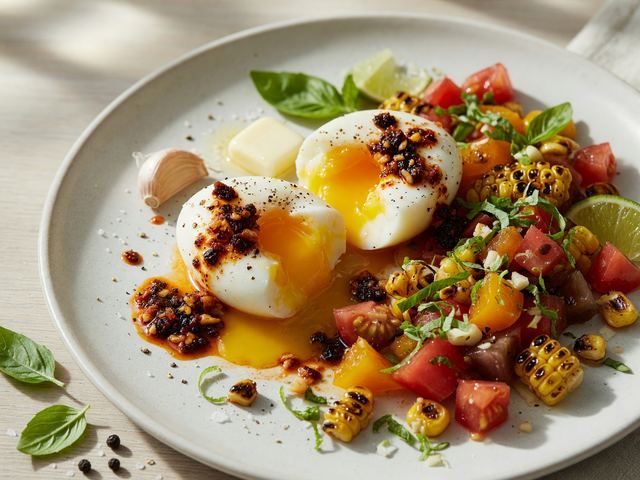 Chili-Crisp Soft Eggs with Charred Corn & Heirloom Tomato Salsa