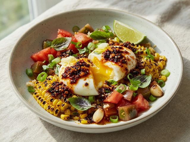 Chili-Crisp Soft Eggs with Charred Corn & Heirloom Tomato Breakfast Bowls
