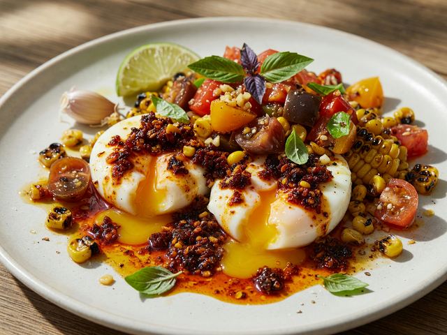 Chili-Crisp Soft Eggs with Charred Corn & Heirloom Tomato Relish