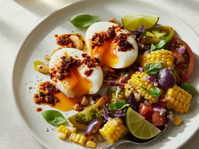 Chili-Crisp Soft Eggs with Heirloom Tomato-Corn Relish