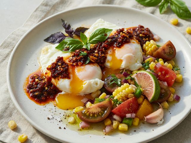 Chili-Crisp Soft Eggs with Heirloom Tomato-Corn Salsa
