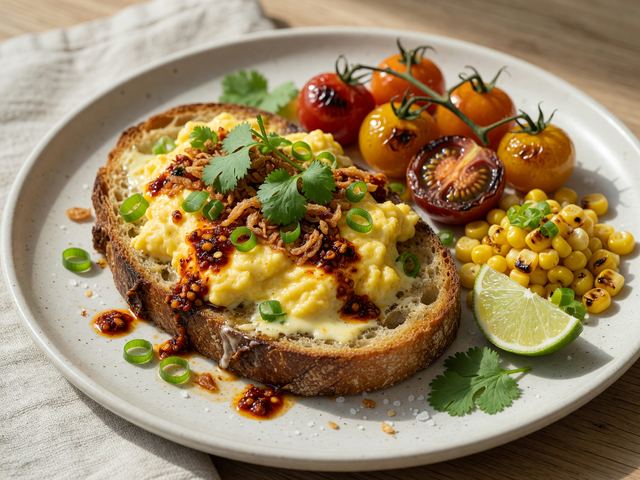 Chili-Crisp Soft Scramble Toast with Blistered Tomatoes & Corn