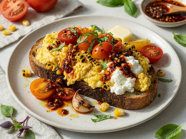 Chili-Crisp Soft Scramble Toast with Charred Corn & Burst Tomatoes