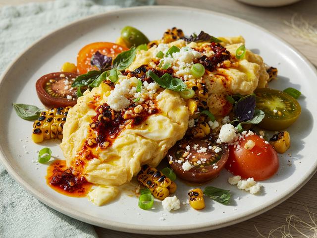 Chili-Crisp Soft-Scrambled Eggs with Charred Corn & Heirloom Tomatoes