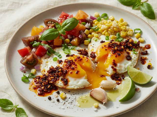 Chili-Crisp Sunny Eggs with Heirloom Tomato Corn Pico