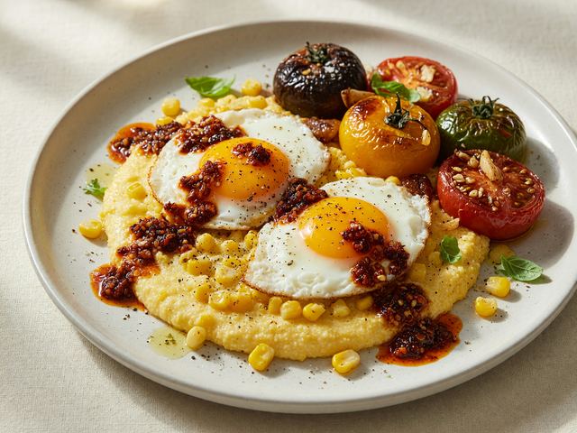 Chili-Crisp Sunny-Side Eggs over Fresh Corn Polenta with Blistered Heirlooms