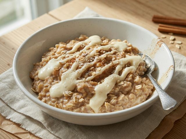 Cinnamon Roll Protein Overnight Oats with Cream Cheese Glaze
