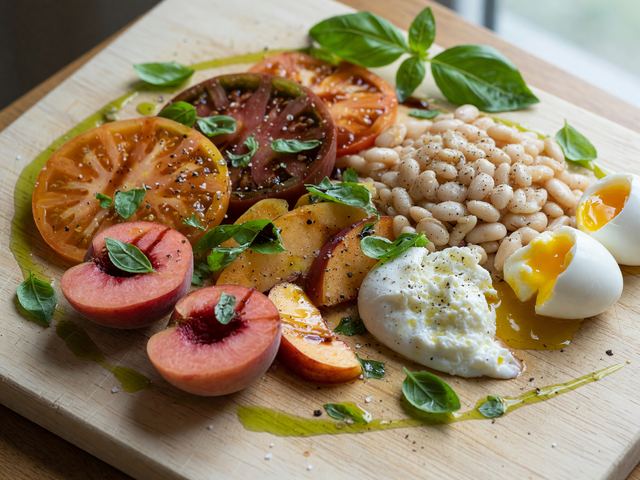 Cool Peach & Heirloom Tomato Breakfast Boards with Soft Eggs & White Beans