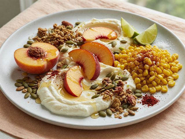 Cool Peach-Yogurt Protein Boards with Chili-Lime Corn Crunch