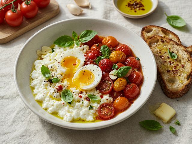 Cottage-Cheese Burst Tomato Breakfast Bowls with Soft Eggs & Basil