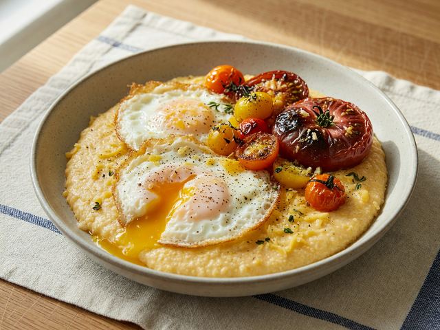 Creamy Cheddar Grits with Blistered Heirloom Tomatoes and Fried Eggs