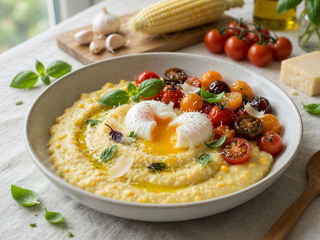 Creamy Corn Polenta Bowls with Burst Tomatoes & Soft Eggs