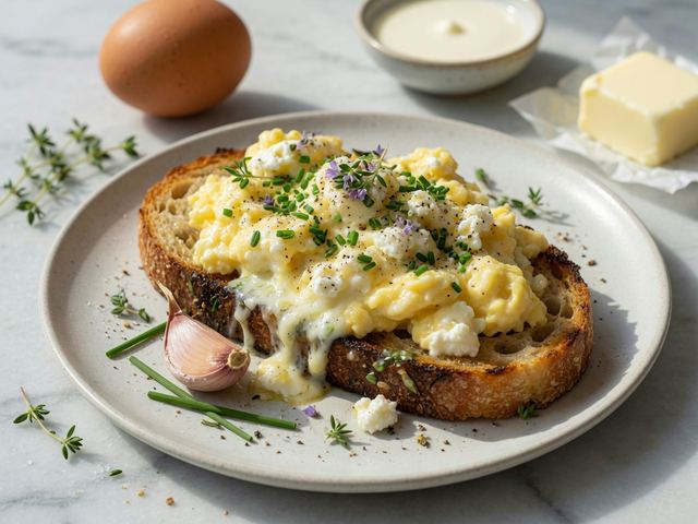Creamy Goat Cheese Soft Scramble on Garlicky Sourdough