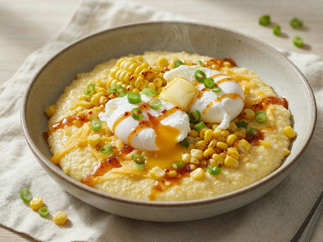 Creamy Sweet-Corn Grits with Poached Eggs & Hot Honey