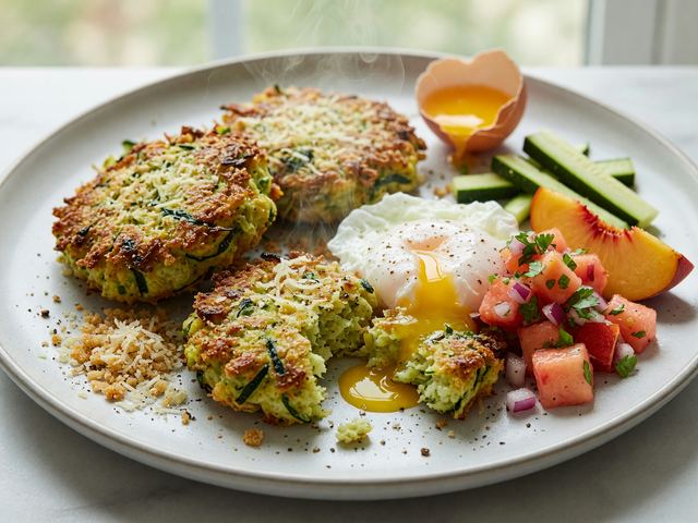 Crispy Air-Fryer Zucchini Fritters with Soft Eggs & Peach Salsa