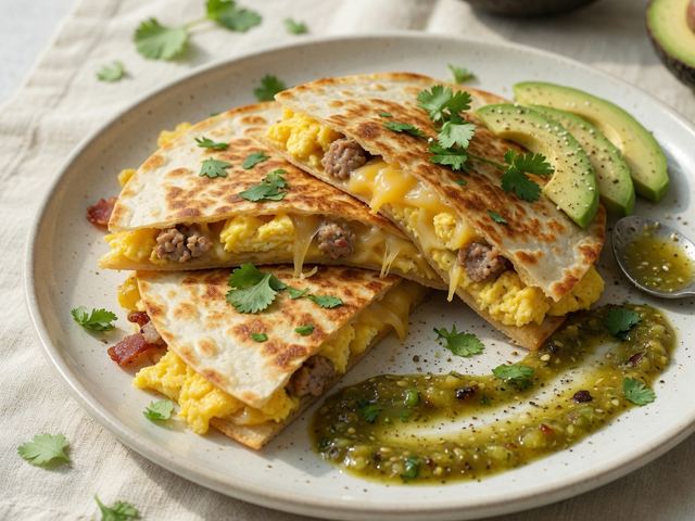 Crispy Breakfast Quesadillas with Scrambled Eggs and Salsa Verde