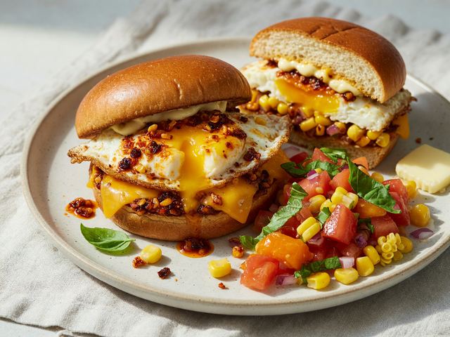 Crispy Chili-Crisp Egg Breakfast Sandwiches with Tomato-Corn Relish