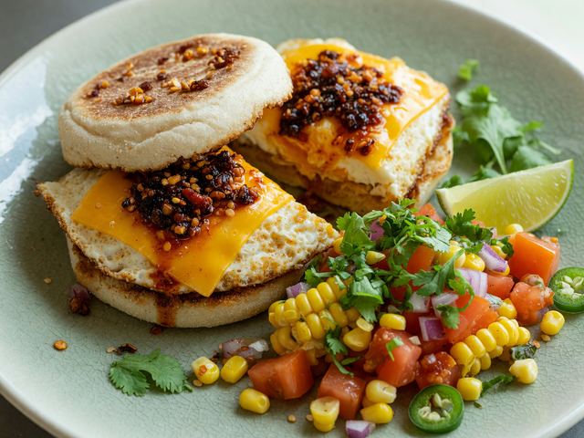 Crispy Chili-Egg Breakfast Sandwiches with Fresh Corn Salsa