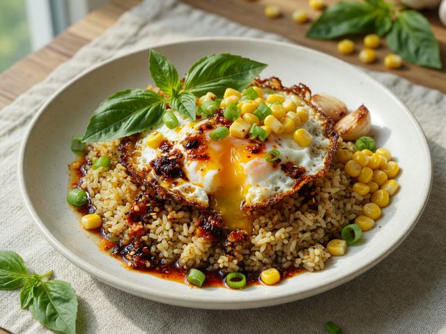 Crispy Chili-Oil Egg Rice Bowls with Fresh Corn & Basil