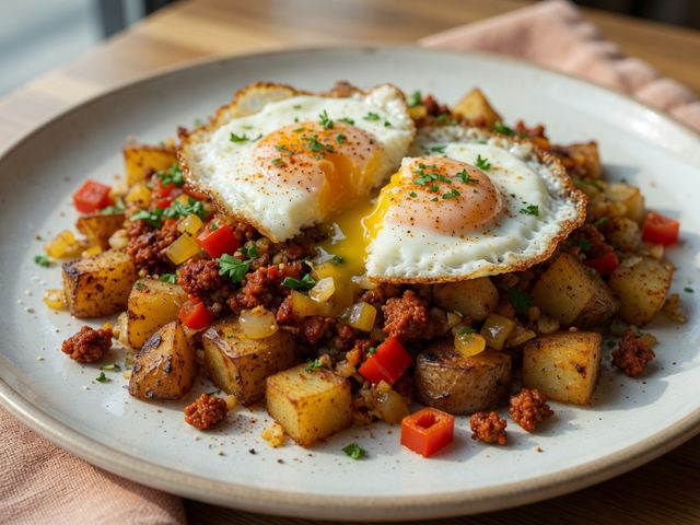 Crispy Chorizo Potato Breakfast Hash with Fried Eggs