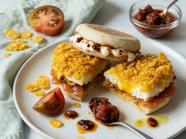 Crispy Cornflake-Crusted Egg Breakfast Sandwiches with Tomato Jam