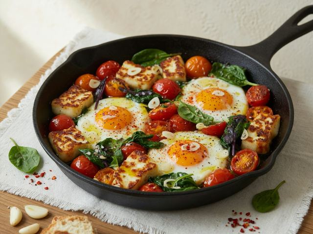 Crispy Halloumi & Blistered Tomato Breakfast Skillet with Eggs