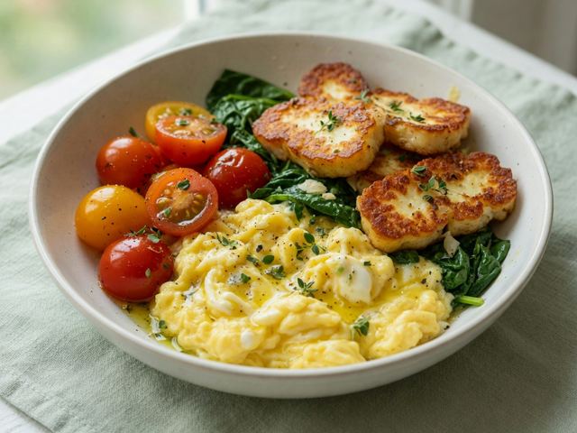 Crispy Halloumi Breakfast Bowls with Soft Scramble and Cherry Tomatoes