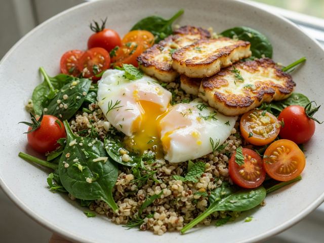 Crispy Halloumi & Soft Egg Breakfast Bowls with Cherry Tomatoes