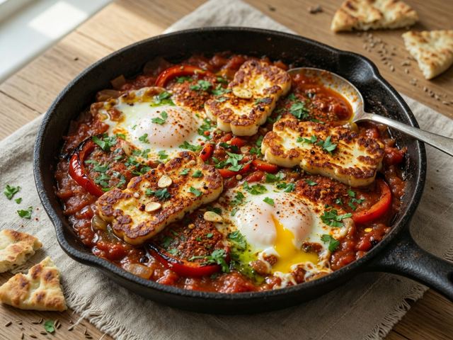 Crispy Halloumi & Tomato Shakshuka Skillet