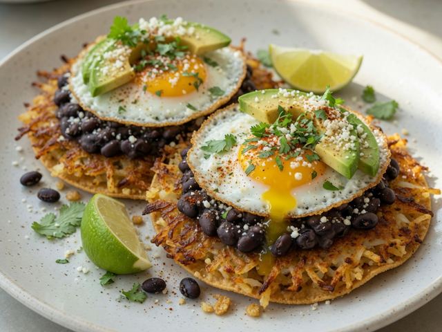 Crispy Hash Brown Breakfast Tostadas with Black Beans & Avocado