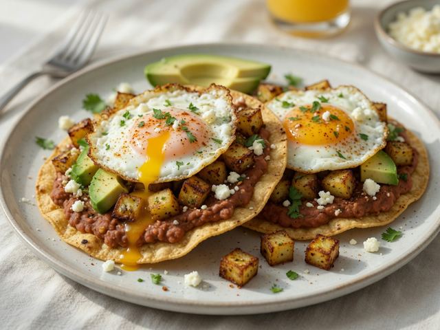 Crispy Potato Breakfast Tostadas with Refried Beans and Fried Eggs