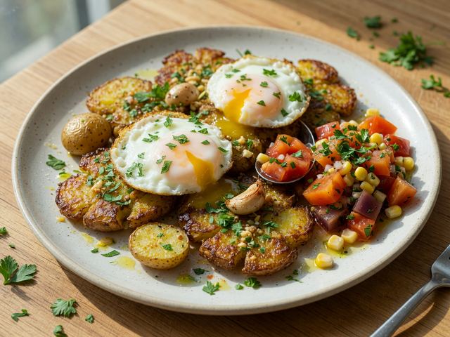 Crispy Smashed Breakfast Potatoes with Soft Eggs & Fresh Tomato Relish